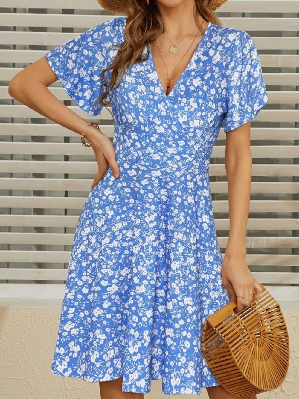 Fensace Blue Floral Wrap Dress